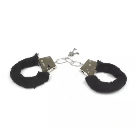 Black furry handcuffs with a key to lock them in place