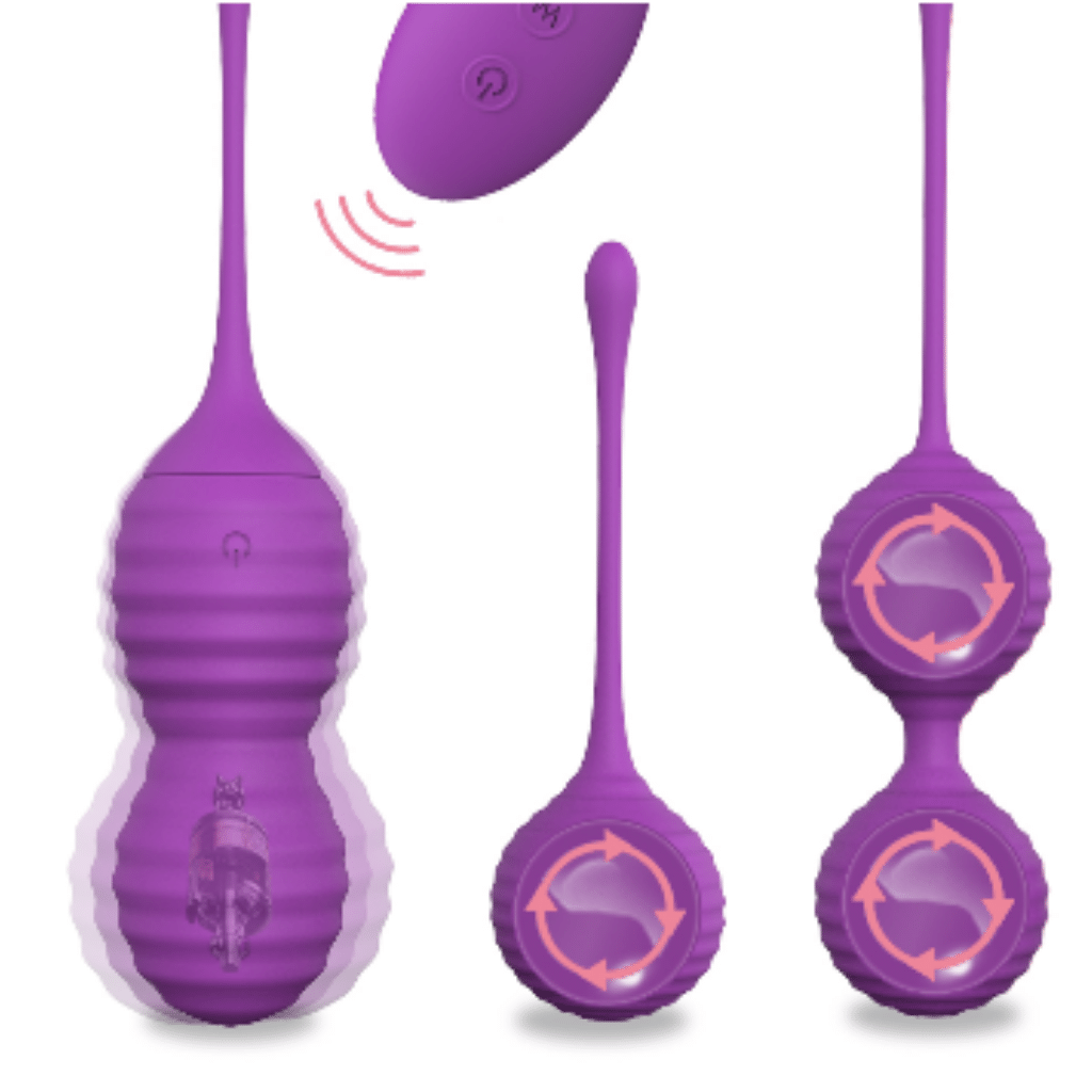 Vibrating three-piece kegel training set in purple with remote control and love egg