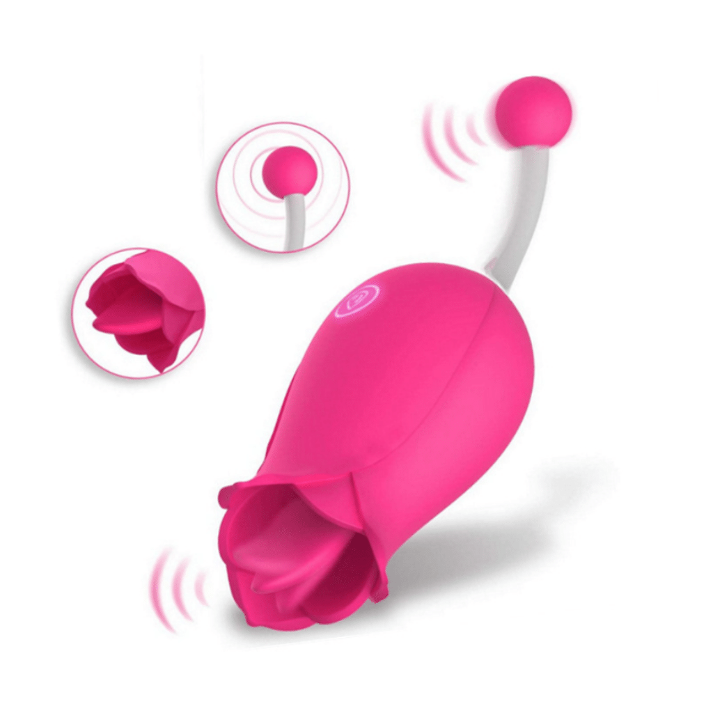 Dual action flower shaped vibrator with tongue flicking sensations and G-spot stimulation