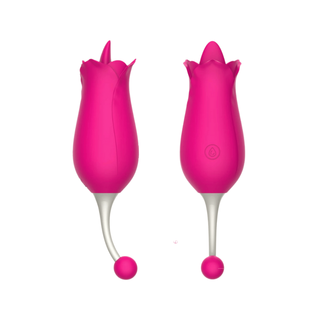 Dual action flower shaped vibrator with tongue flicking sensations and G-spot stimulation