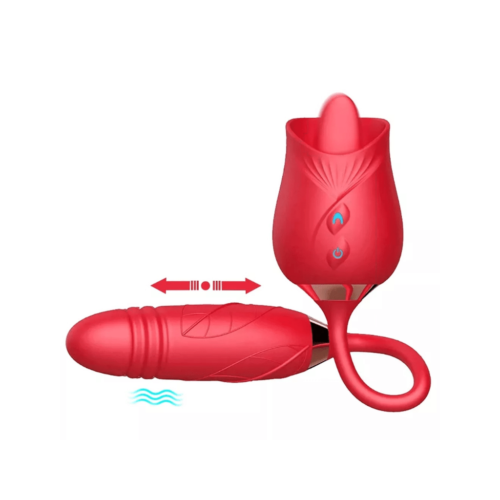 Rose shaped vibrator with tongue flicking sensations attached 2-inch thrusting insertable bullet