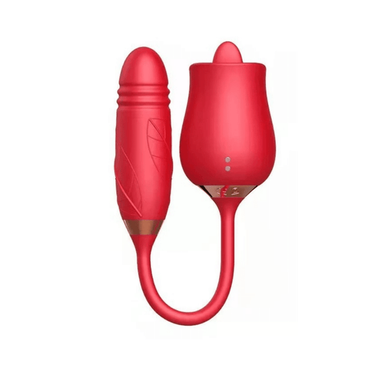 Rose shaped vibrator with tongue flicking sensations attached 2-inch thrusting insertable bullet