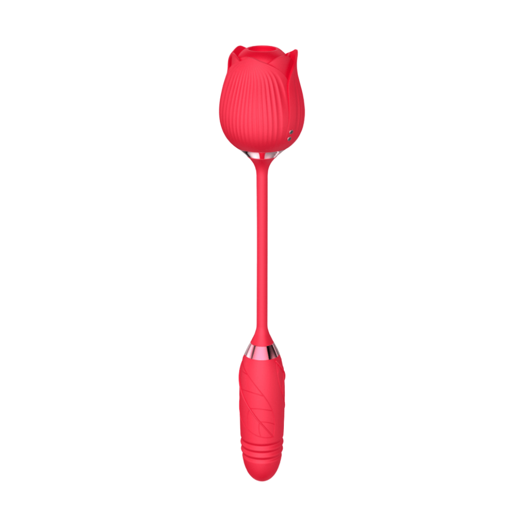 Vibrating rose shaped clitoral stimulator with attached 2-inch thrusting insertable bullet