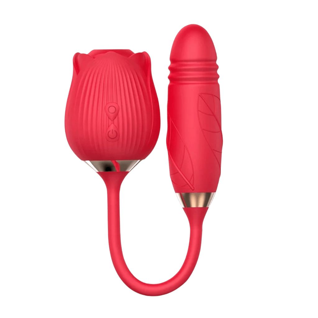 Vibrating rose shaped clitoral stimulator with attached 2-inch thrusting insertable bullet