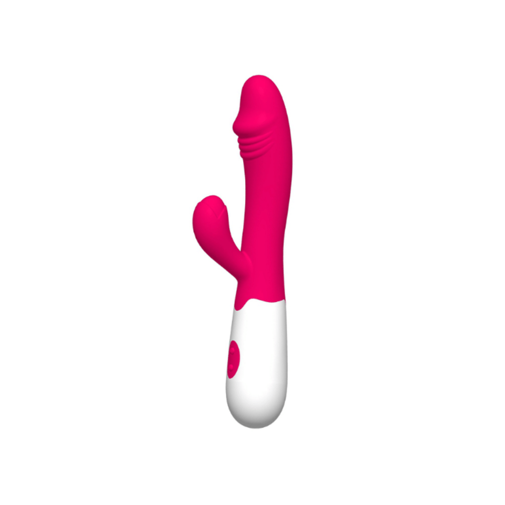 Thirty-speed pink silicone rabbit vibrator with ridged shaft for a realistic feel