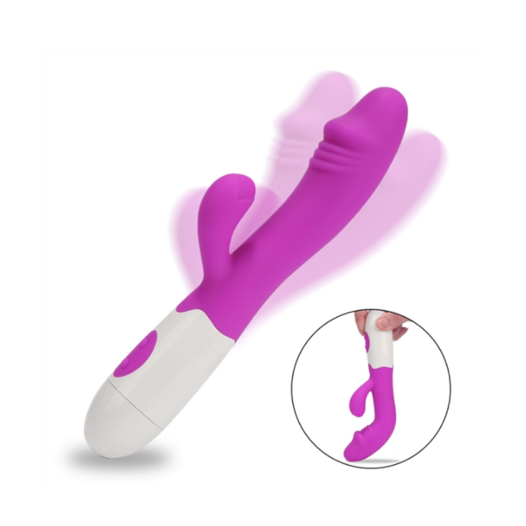 Thirty-speed silicone rabbit vibrator with ridged shaft for a realistic feel