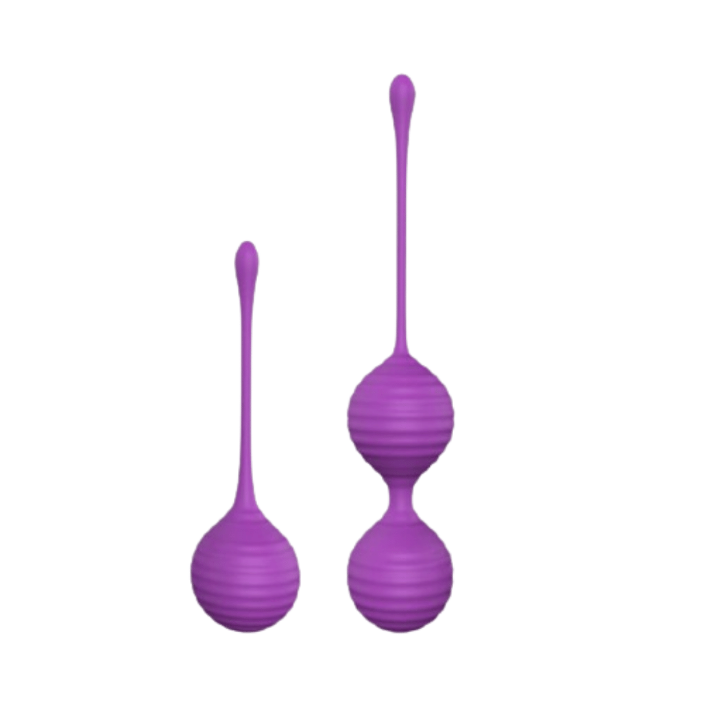 Vibrating three-piece kegel training set in purple with remote control and love egg